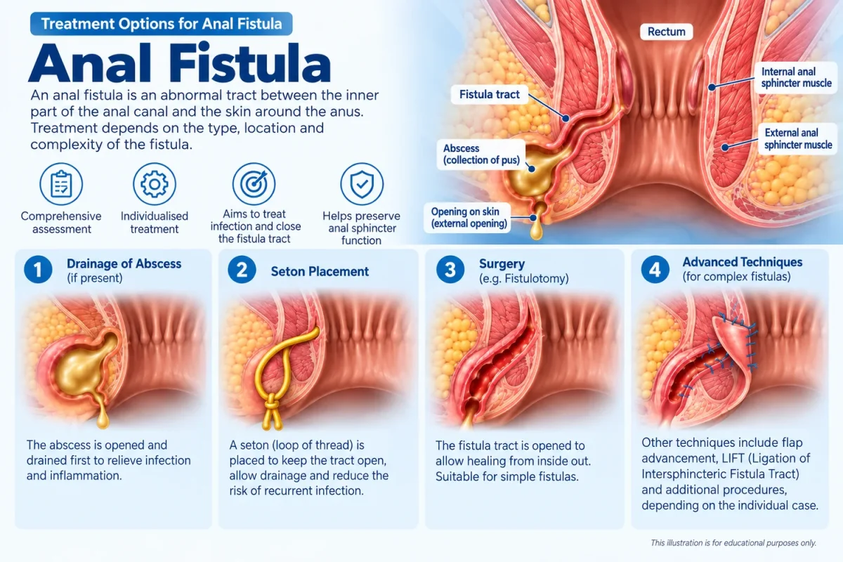 Infographic of anal fistula treatment options, including fistulotomy and seton placement.
