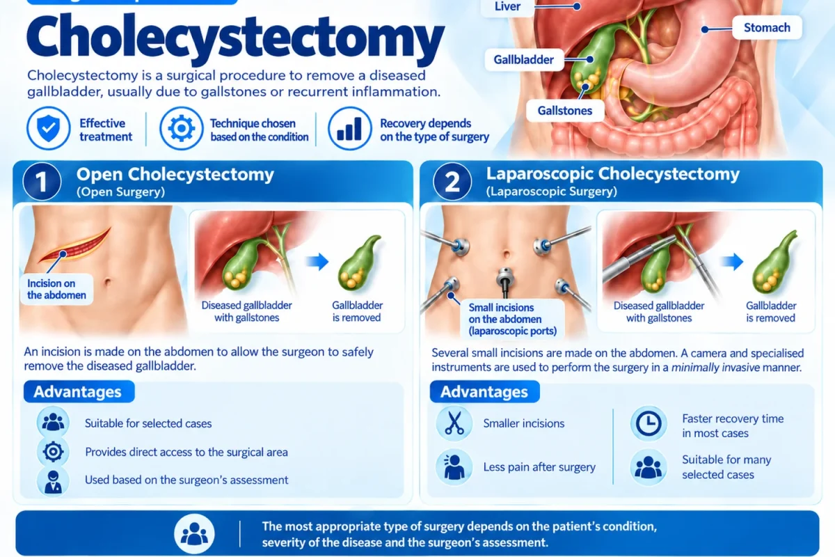 Infographic of cholecystectomy, showing laparoscopic removal of the gallbladder.