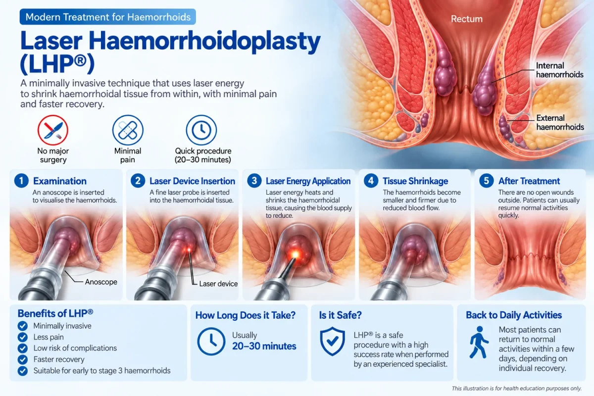 Laser Haemorrhoidoplasty (LHP) infographic explaining the procedure for haemorrhoids.