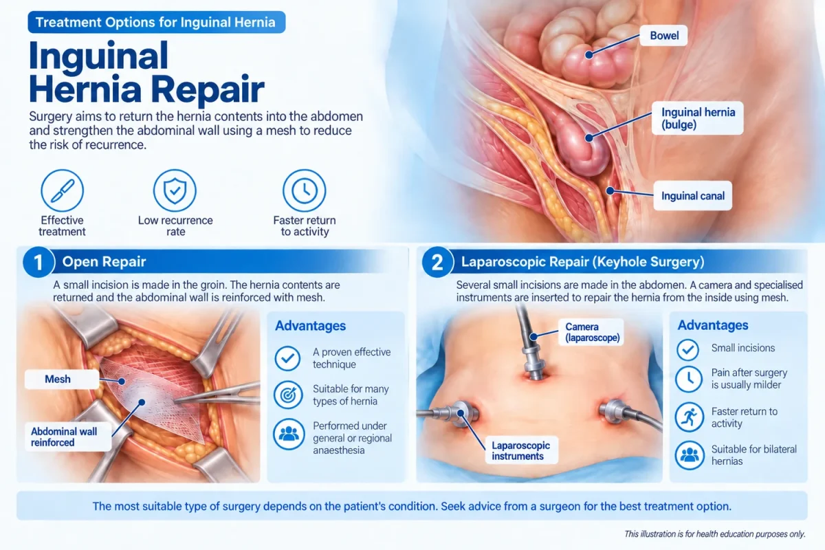 Infographic of inguinal hernia repair showing mesh placement in the groin.