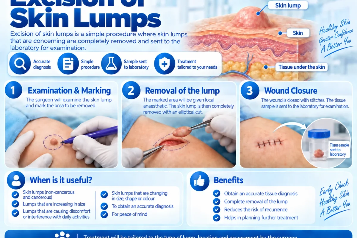 Infographic of excision of skin lumps, showing removal of a subcutaneous lump.